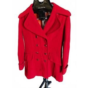 Vintage 1960s Red Wool Double-Breasted Coat w/ Orange Satin Lining Belted Back